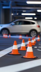 Driver training environment with vehicle and cones for skill development on closed circuit
