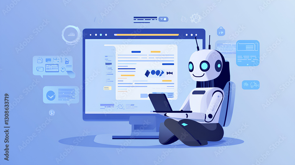 Poster chatbot conversation assistant. person using online customer service with chatbot to get support. ai