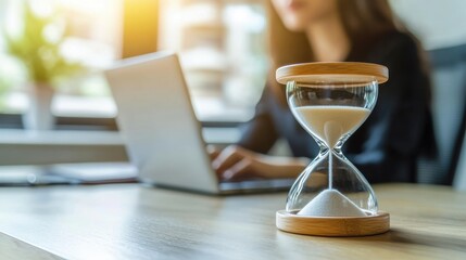 Optimizing time management with an hourglass on a modern wooden home office desk in a bright workspace