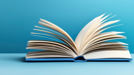 Fototapeta premium An open book with fanned pages rests on a blue surface, showcasing its textured pages and inviting readers to explore its content.