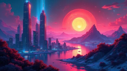 Holographic immersive worlds, A neon-lit cityscape overlaid with holographic projections blending a futuristic metropolis with vibrant alien landscape