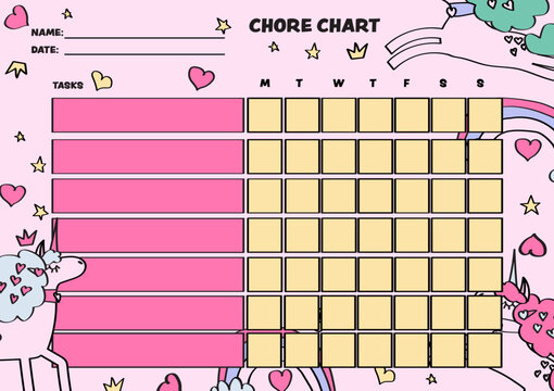 pink unicorn-themed chore chart for the classroom or house use.