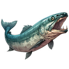Fototapeta premium A detailed illustration of a fearsome, large fish with sharp teeth, depicted in shades of teal and gray.