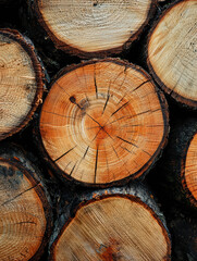 Naklejka premium Wooden Stack Texture: A close-up captures the texture of stacked wooden logs, revealing the intricate details of the wood grain, concentric circles, and natural colors.