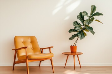 Stylish Scandinavian-inspired living space featuring a neutral-toned wooden chair and greenery.