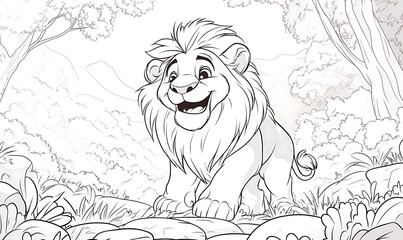 This is a black-and-white coloring book illustration featuring a happy cartoon lion in a lush jungle setting