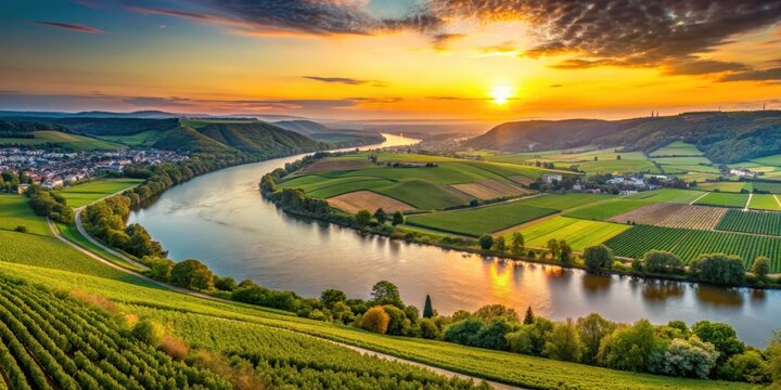 Serene Rhine River at sunset with lush greenery and rolling hills in Germersheim, scenic landscape