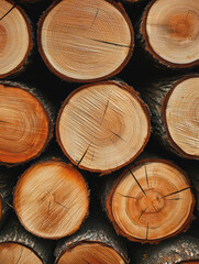 Fototapeta premium Textured Timber: Close-up view of meticulously stacked logs, revealing concentric growth rings and the raw beauty of natural wood.