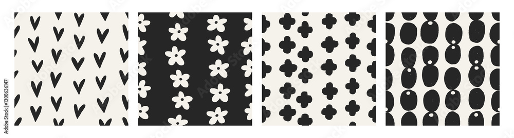 Poster Seamless abstract patterns set. Black and white texture designs with tiny hearts, doodle style flowers, shapes. Modern repeatable print for textile, wallpaper, wrapping paper. Flat vector illustration