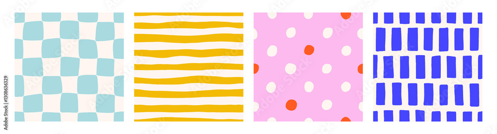 Poster seamless patterns set, colorful hand-drawn textures with checkered, striped and polka dot prints. mo