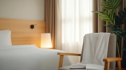 A plush white bathrobe draped over a wooden chair in a modern hotel bedroom with a bed, lamp, and plant.