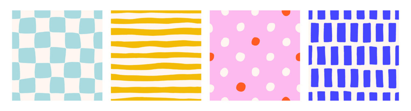 Fototapeta Seamless patterns set, colorful hand-drawn textures with checkered, striped and polka dot prints. Modern abstract background designs for textile, fabric, cloth, wrapping. Flat vector illustration
