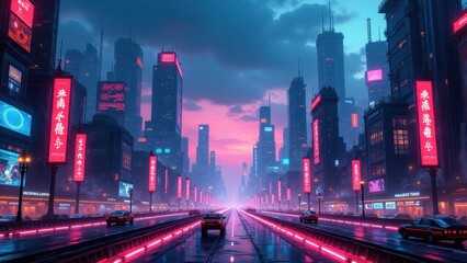 Fototapeta premium Neon-lit cityscapes, A neon-lit futuristic cityscape buzzing with life vibrant glass skyscrapers reflecting glowing lights under twilight ski