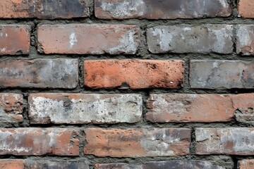 Obraz premium Seamless sloppy cinder block weathered brick wall featuring a mix of red and gray bricks, some with visible mortar and wear, showcasing a rustic and aged appearance.