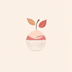 Elegant minimalist cupcake logo with cherry and leaves in warm pastel colors for bakery branding and marketing