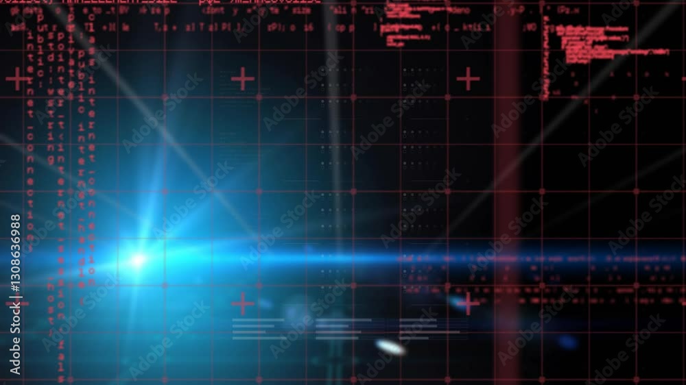 Poster animation of blue light flare with digital data patterns and red abstract shapes