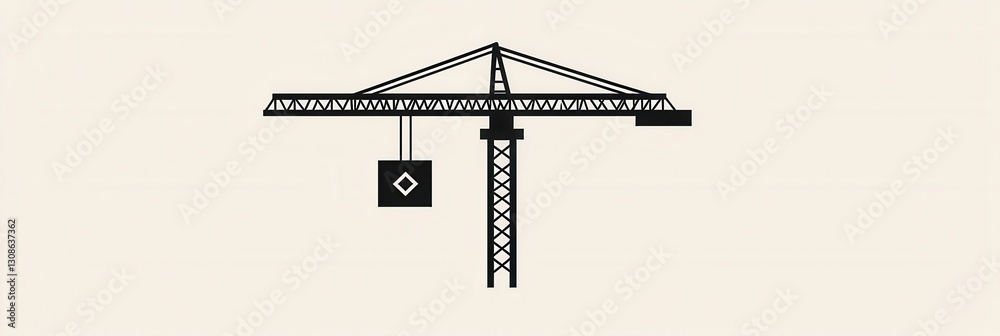 Poster minimalist construction logo featuring a silhouette of a tower crane lifting a block in elegant line