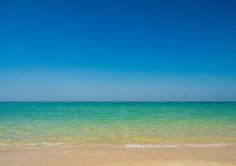 Fototapeta premium Photography horizon beautiful landscape summer season panorama tropical sea beach white sand clean blue sky background calm nature ocean soft wave water travel at Sai Kaew Beach island sun day time