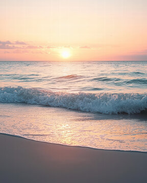 Coastal Calm at Dawn: A serene coastal scene where the sun peeks over the horizon, casting a gentle, warm glow over the sea, inviting tranquility and the beginning of a fresh day.