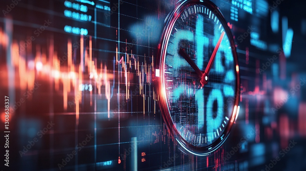 Poster digital clock on high-tech background with business related data