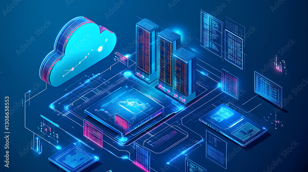 Poster data science, database management, futuristic information technology background. data engineering wi