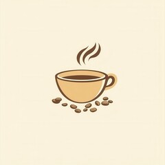 Elegant minimalist coffee cup logo featuring steam and scattered coffee beans in warm tones
