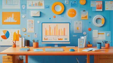 Vibrant Digital Workspace with Business Icons and Graphs