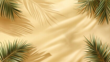 Tropical palm leaves shadows on beige fabric background.