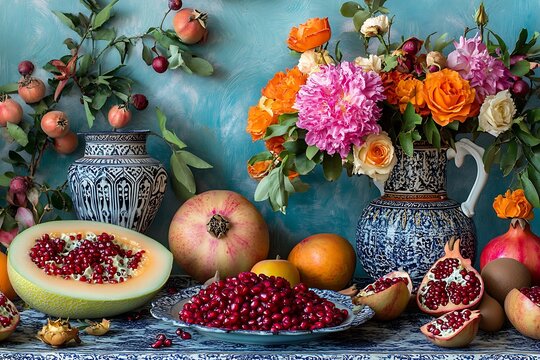 Fruit & Flower Still Life on Blue