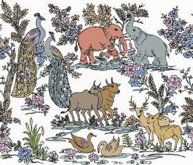  hand drawn various type jungle animals. pattern of Animal and flowers on a white background. Tropical jungle wallpaper illustrations. a storybook illustration, Annabel Kidston, exquisite detail.