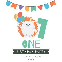 Greeting invitation card for first kids Birthday party. Cute baby hedgehog, balloons, number one in flat childrens style. Vector illustration, design for card, poster, banner