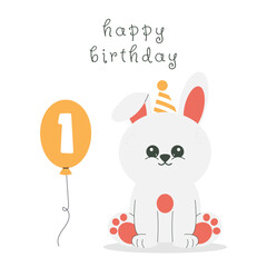 Greeting and invitation card for kids first Happy Birthday. Cute baby bunny and balloon number 1 in flat childrens style. Vector illustration, design for card, poster, banner