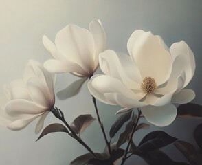 Obraz premium Three pristine white magnolia blossoms with subtle shadows, elegantly displayed against a soft, muted background.