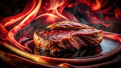 Close-up of a juicy steak on a dark abstract background with swirling patterns of deep reds and blacks, conveying luxury and indulgence , gourmet, closeup