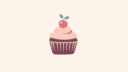 Elegant minimalist cupcake logo featuring a cherry on top in warm pastel colors for bakery branding