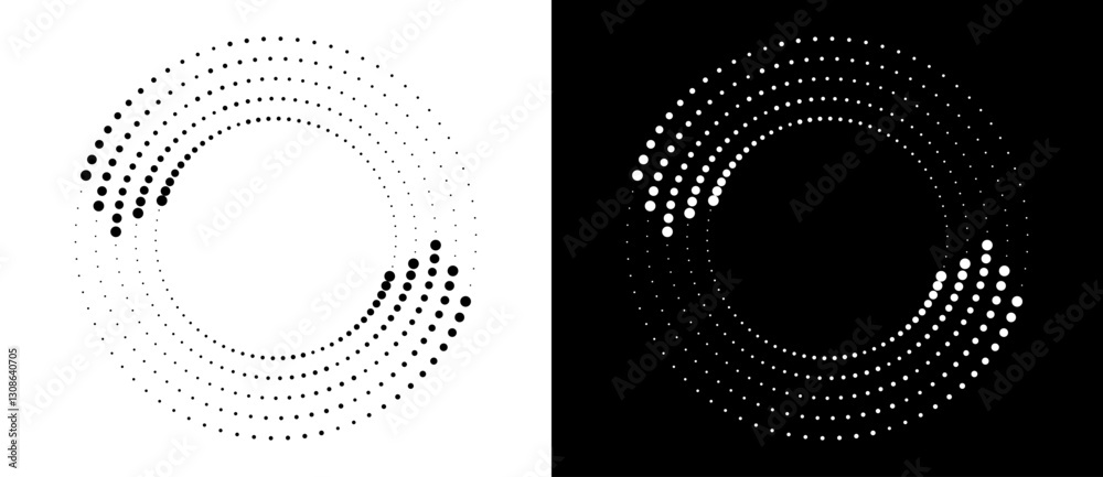 Fototapete Circle abstract background with dynamic halftone dots like arrows. Black shape on a white background and the same white shape on the black side.