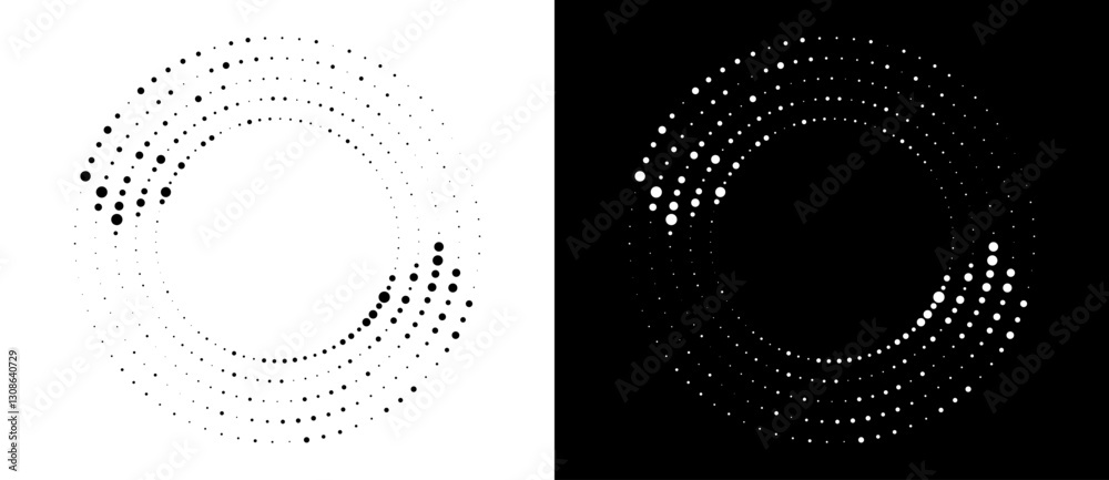 Aufkleber Circle abstract background with dynamic halftone dots like arrows. Black shape on a white background and the same white shape on the black side.