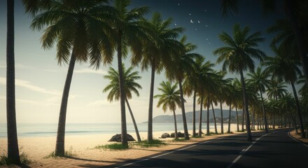 Fototapeta premium Scenic tropical beach road with palm trees and ocean views