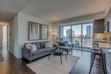 Fototapeta premium Modern apartment living room with city view, hardwood floors, sofa, coffee table, and balcony access.