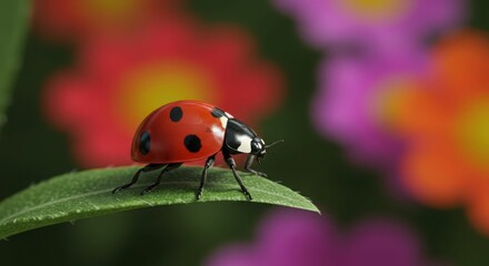 Fototapeta premium Colorful ladybug on leaf with vibrant floral background