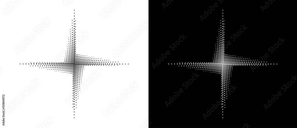 Poster Modern abstract background. Halftone vector dots in the shape of a spiral or star. Design element or icon, logo. Black figure on a white background and the same white figure on a black side.