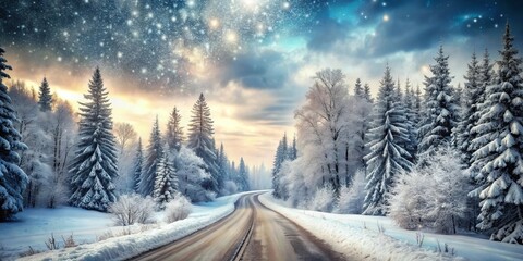 Winter wonderland road scene with snow-covered trees and a magical sunset sky