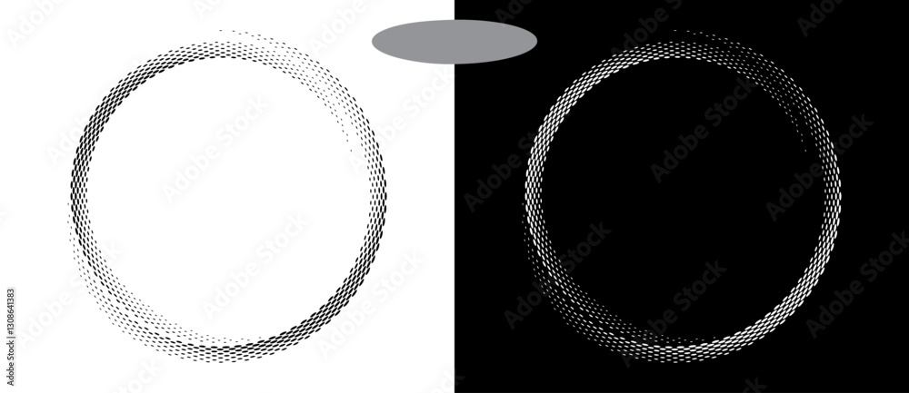Poster Modern abstract background. Halftone ovals in circle form. Round logo, design element or icon. Vector dotted frame. A black figure on a white background and an equally white figure on the black side.