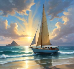 Fototapeta premium Illustration of sailboat yaht in ocean.