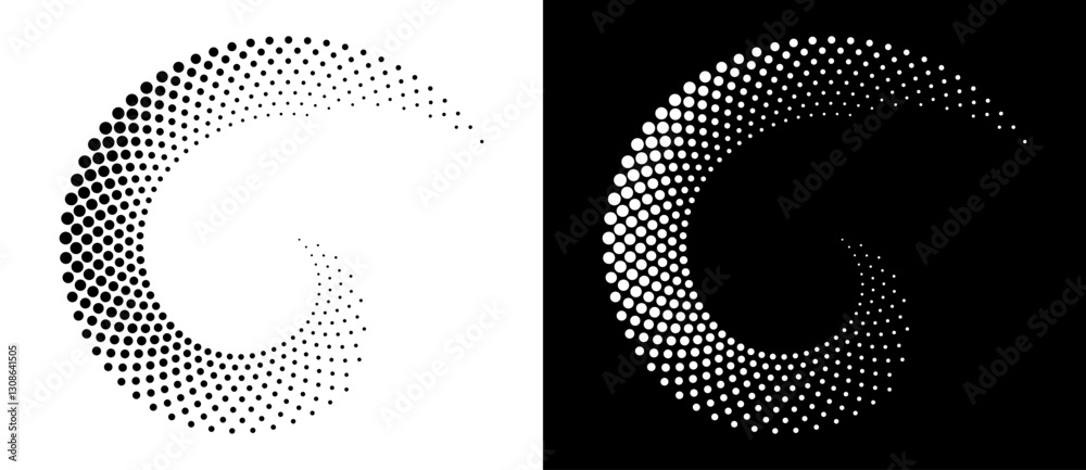 Poster Modern abstract background. Halftone dots in circle form. Spiral logo, icon or design element. Black dots on a white background and white dots on the black side.