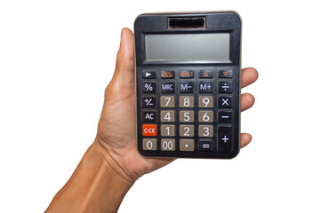 Hand Holding Large Black Solar Calculator With LCD Display Isolated On White