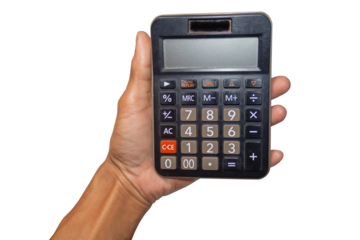 Hand Holding Large Black Solar Calculator With LCD Display Isolated On White
