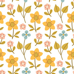 Spring flower pattern on white background. Flower flat pattern. Flower background. Perfect for fabric, textile, wallpaper, decor, print or packaging of products.