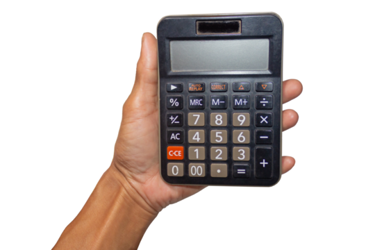 Hand Holding Large Black Solar Calculator With LCD Display Isolated On White