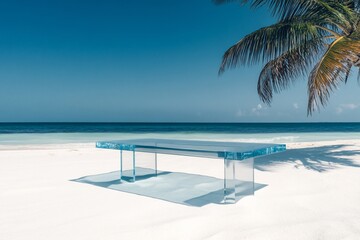 Crystal clear glass table on a pristine white sand beach, ocean background, palm tree shade.